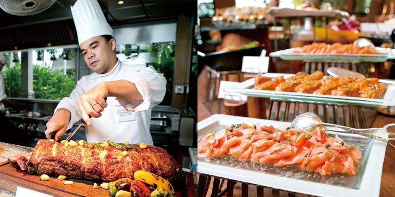 新鮮な食材をグリルバーで調理。できたてをお好みのソースでいただく