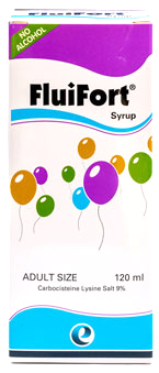 FluiFort® Syrup - フルイフォート・シロップ - 効能： 痰が絡む咳 - 用法・用量：年齢と体重により異なります。服用方法は薬剤師に相談してください - 情報： 服用は1歳以上から - 価格目安：100B前後