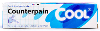 Counterpain Cool - カウンターペイン・クール - 効能：外用消炎鎮痛剤 - 用法・用量：1日3〜4回患部に塗って使用 - 情報：腰痛、肩こりに伴う肩の痛み、関節痛、筋肉痛などに - 価格目安：60B前後