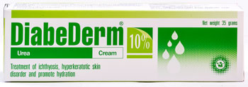 Diabederm 10％ - ディアベダーム - 効能：保湿 - 用法・用量：1日1〜3回、清潔な状態にした患部に塗って使用 - 情報：尿素配合クリーム。角化した肌の改善や保湿に - 価格目安：100B前後