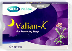 Valian-X - バレリアン・エックス - 効能：不眠 - 用法・用量：1日1回、就寝前に1〜2カプセルを服用 - 情報：バレリアン（ハーブ）配合。快眠を促し、身心をリラックスへ導きます - 価格目安：145B前後