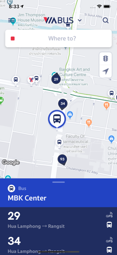 VIABUS - バンコク市内・郊外を走るバスのルートを確認できるアプリです。 現在地のバス停をタップすると、そこに停車するバスの番号リストと、そのバスが通るルートを確認できます。 また、マップ上では、近くまで来ているバスを確認できます。