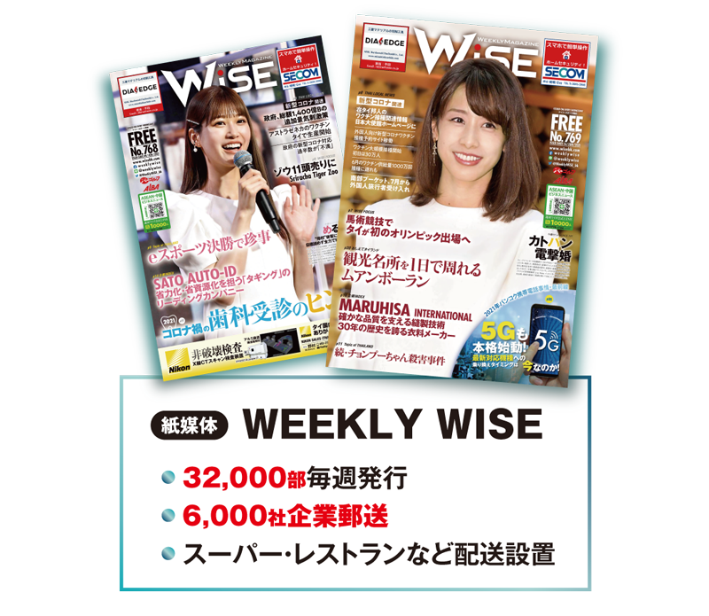 「WEEKLY WISE（紙媒体）」
32,000部毎週発行
6,000社企業郵送
スーパー・レストランなど配送設置