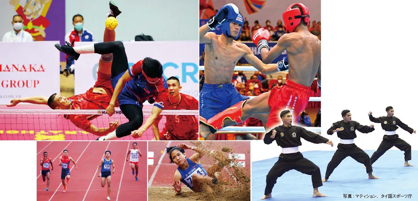 東南アジア競技大会開催 タイ人選手が多種目で大活躍 　ー　12日〜23日、第31回東南アジア競技大会（SEA GAMES）がベトナム・ハノイで開催された。プンチャック・シラット（東南アジア伝統武芸）グループ舞踊選手3名をはじめ、キックボクシング、セパタクロー、陸上、三段跳びなどの種目でタイ選手が優勝。17日時点では金43個、銀45個、銅63個、合計151個のメダルを獲得した。