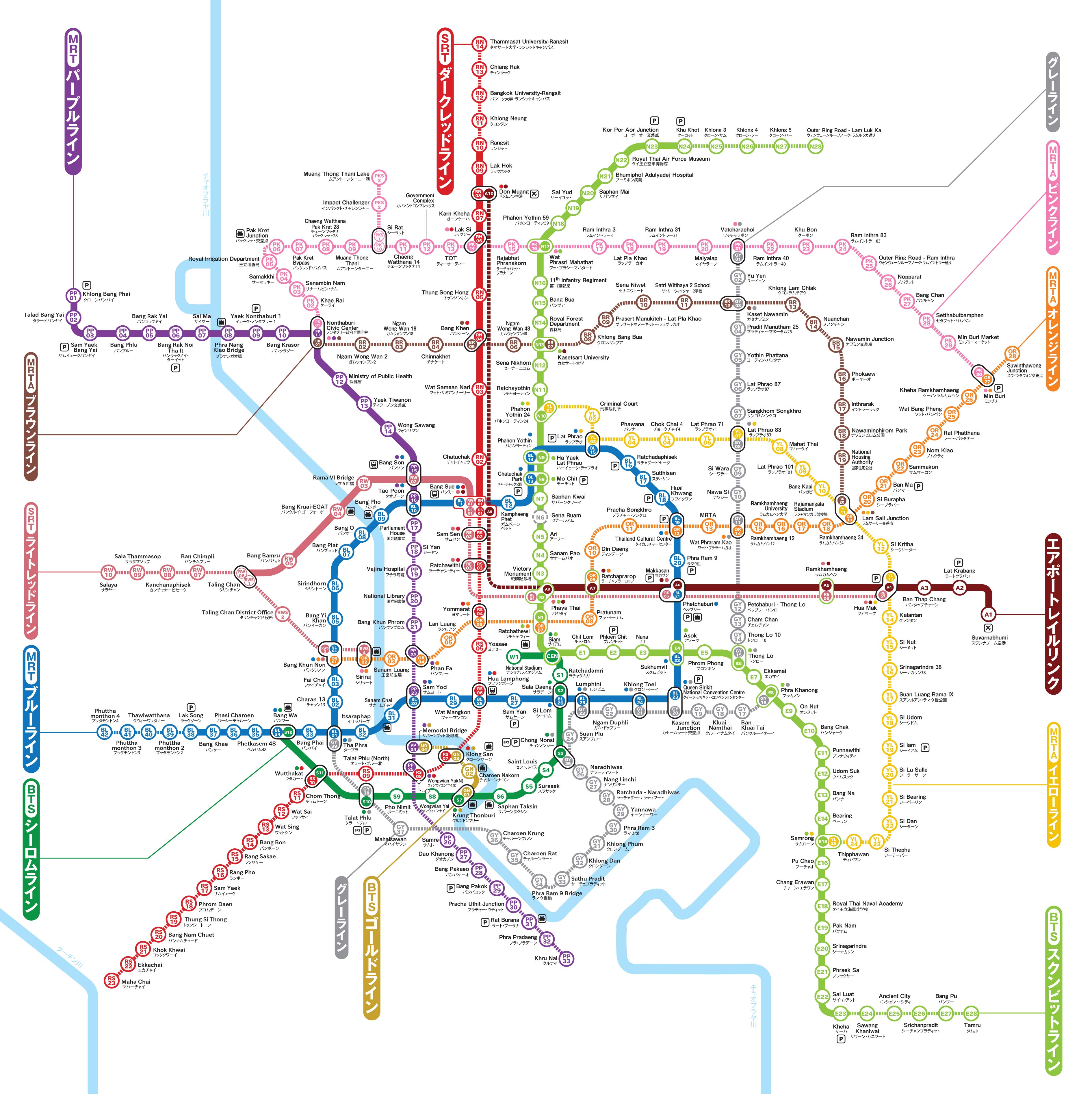 バンコクの路線図　ー　2022年7月更新！（点線は今後開業予定のライン）