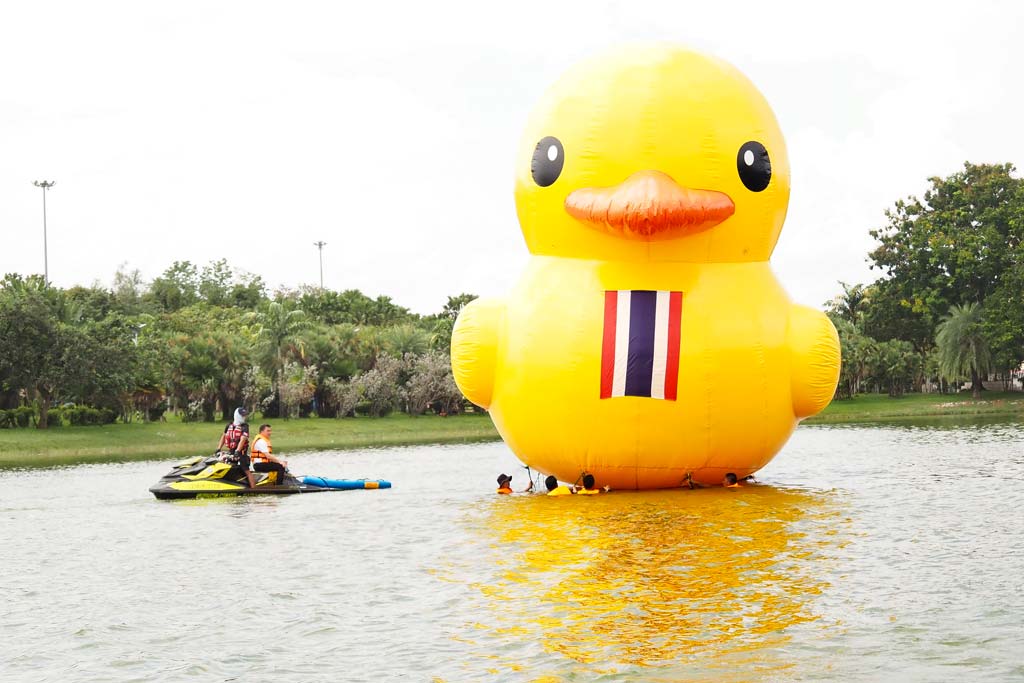 ウドーンターニー県のシンボル 「黄色いアヒル」4年ぶりに再展示 ー 東北部ウドーンターニー県の名物シンボルとして知られる、ノーンプラチャック公園の巨大バルーン「黄色いアヒルさん」が4年ぶりに再展示された。同県の観光ランドマークかつシンボル的な存在として永続的な再展示となった他、今回から胸の部分には新たにタイ国旗が描かれている。